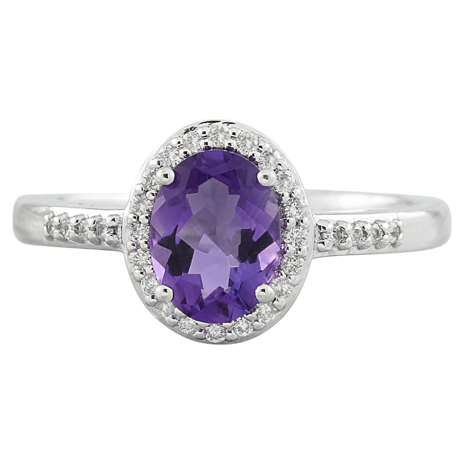 Exquisite Natural Amethyst Diamond Ring in 14K Solid White Gold For Sale
