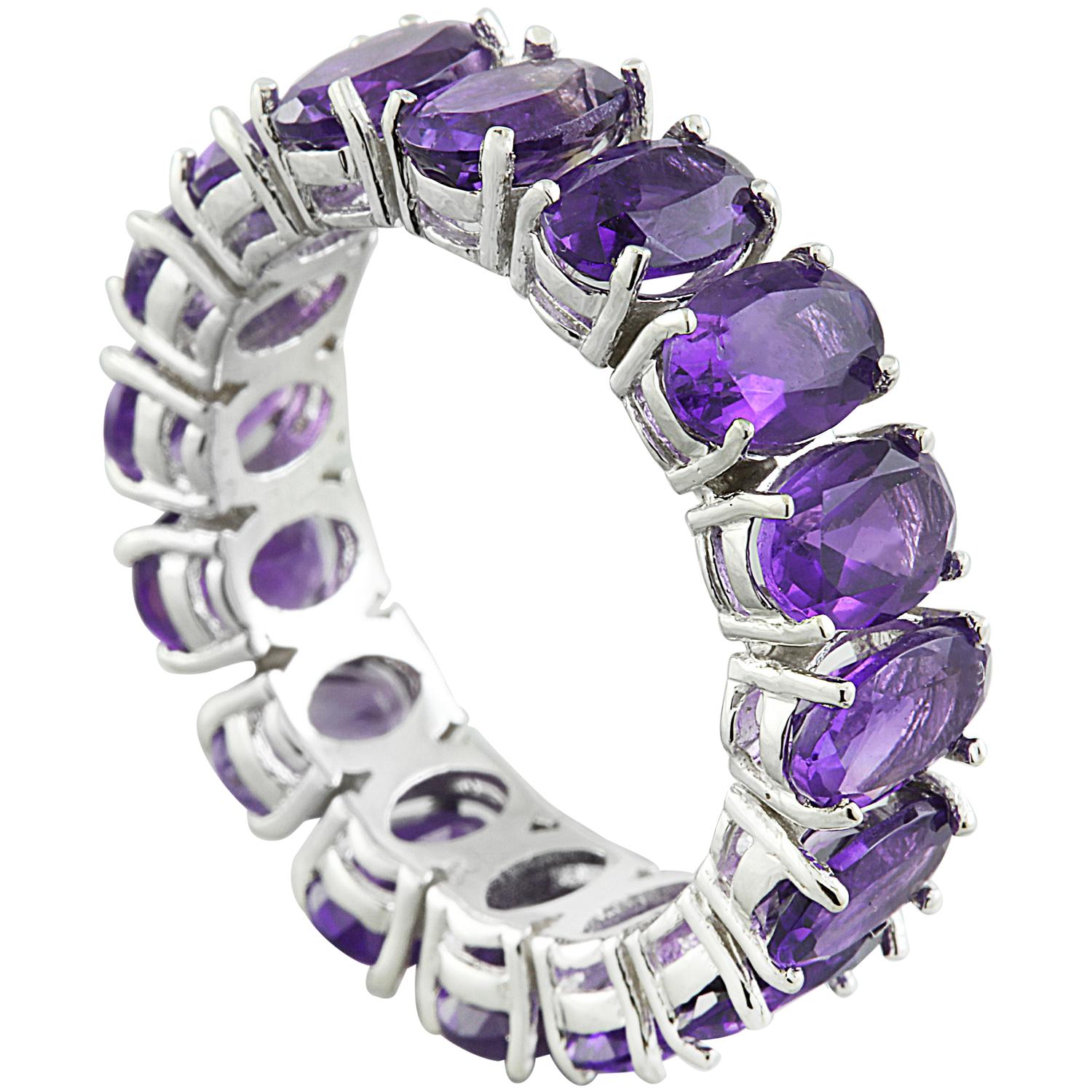 Oval Cut Exquisite Natural Amethyst Eternity Ring in 14K Solid White Gold For Sale
