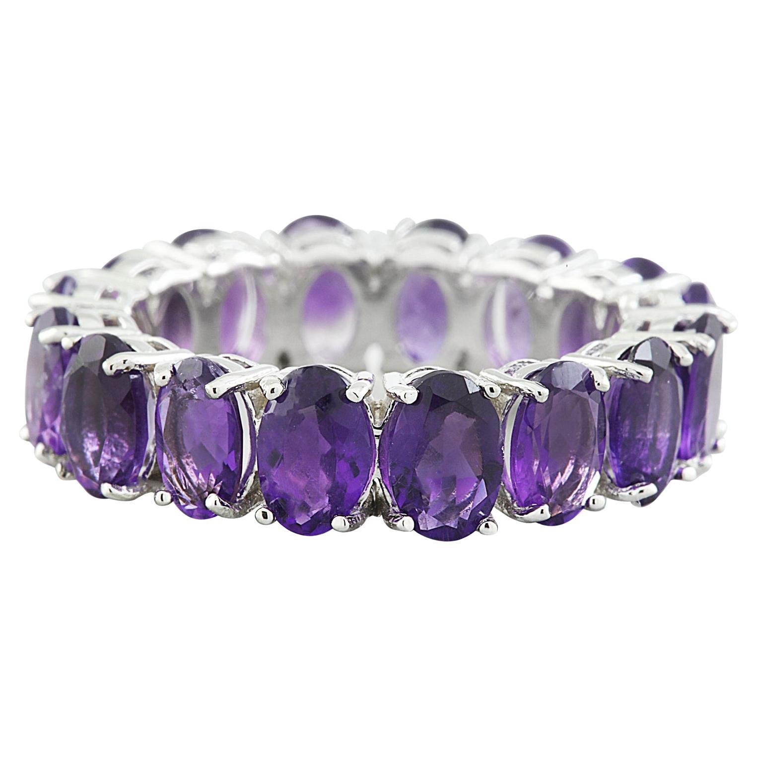 Exquisite Natural Amethyst Eternity Ring in 14K Solid White Gold For Sale