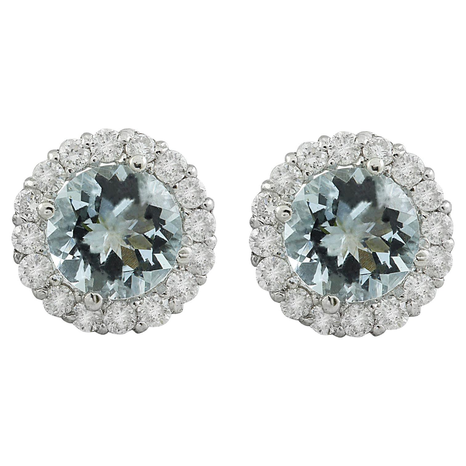 Exquisite Natural Aquamarine Diamond Earrings In 14 Karat White Gold For Sale