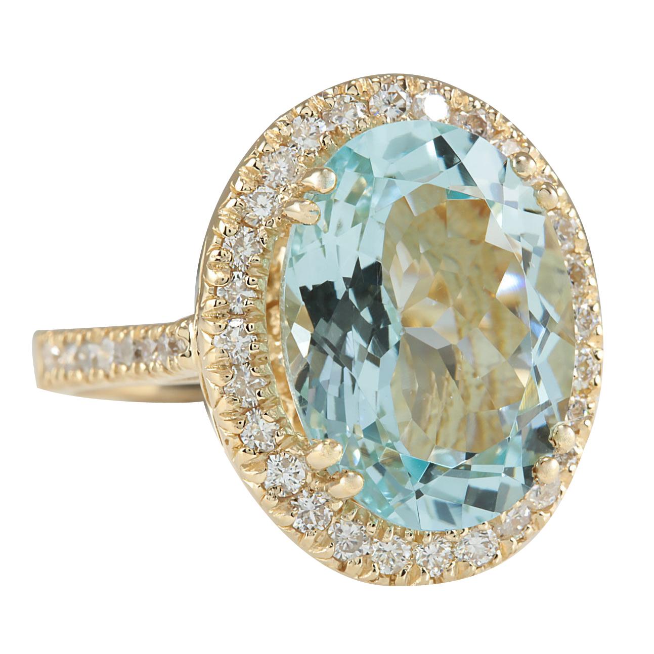 Presenting our striking 9.33 Carat Natural Aquamarine 14 Karat Yellow Gold Diamond Ring, a testament to exquisite craftsmanship and timeless elegance. Crafted from stamped 14K Yellow Gold, this ring boasts a total weight of 7.5 grams. Its