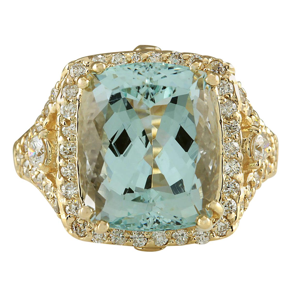Exquisite Natural Aquamarine Diamond Ring In 14 Karat Yellow Gold 