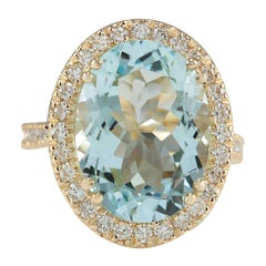 Exquisiter natürlicher Aquamarin-Diamantring aus 14 Karat Gelbgold 