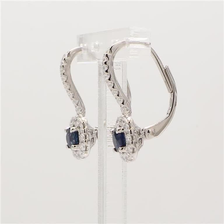 Contemporary Natural Blue Round Sapphire and White Diamond 1.05 Carat TW Gold Drop Earrings