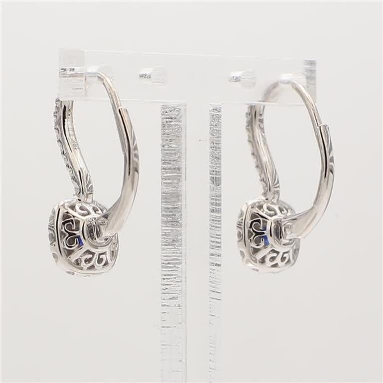 Round Cut Natural Blue Round Sapphire and White Diamond 1.05 Carat TW Gold Drop Earrings