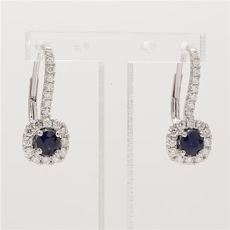 Natural Blue Round Sapphire and White Diamond 1.05 Carat TW Gold Drop Earrings 1