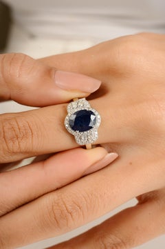 Magnifique bague de mariage en or blanc 14 carats avec saphir bleu naturel et diamants