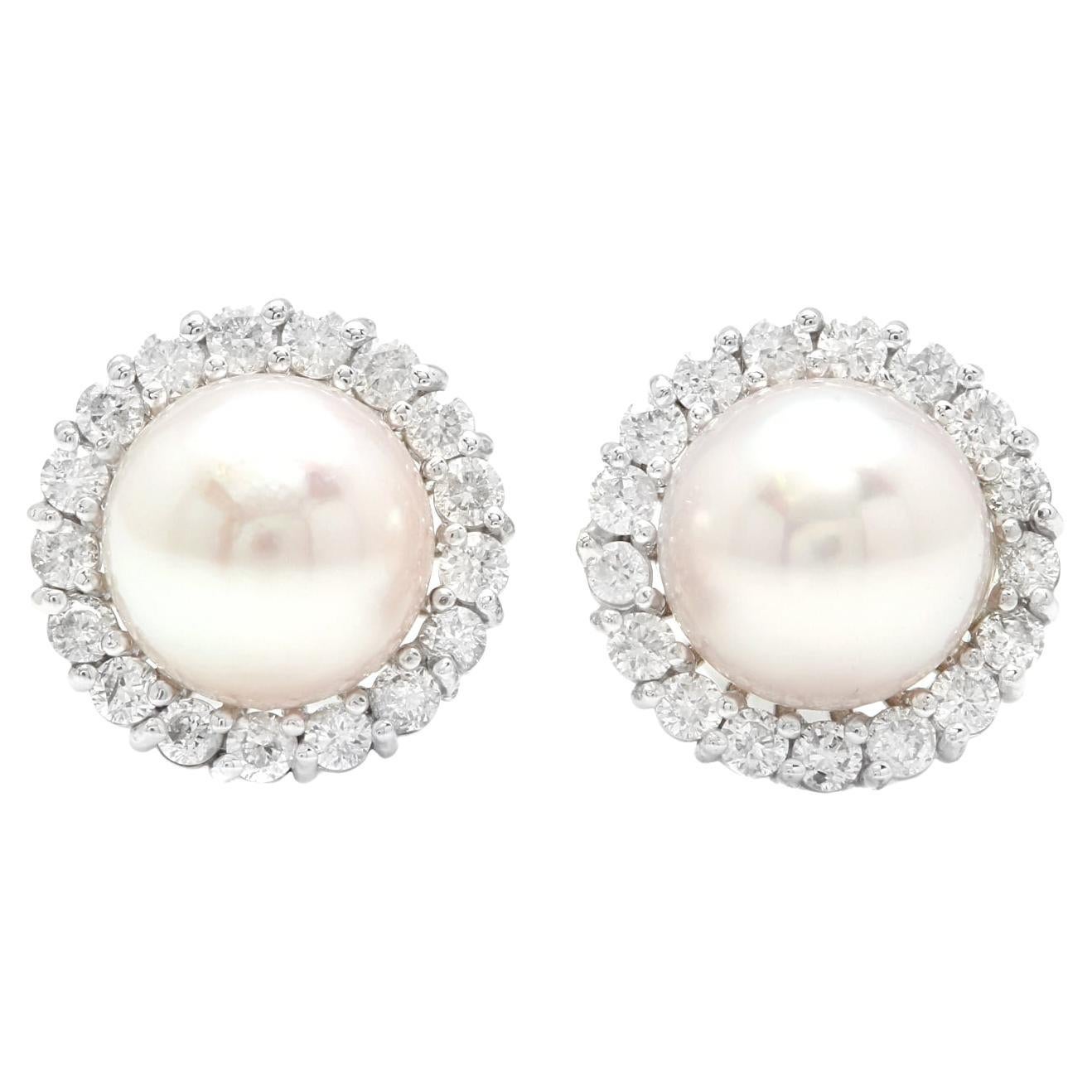 Exquisite Natural Cultured Pearl and Diamond 14K Solid White Gold Stud Earrings For Sale