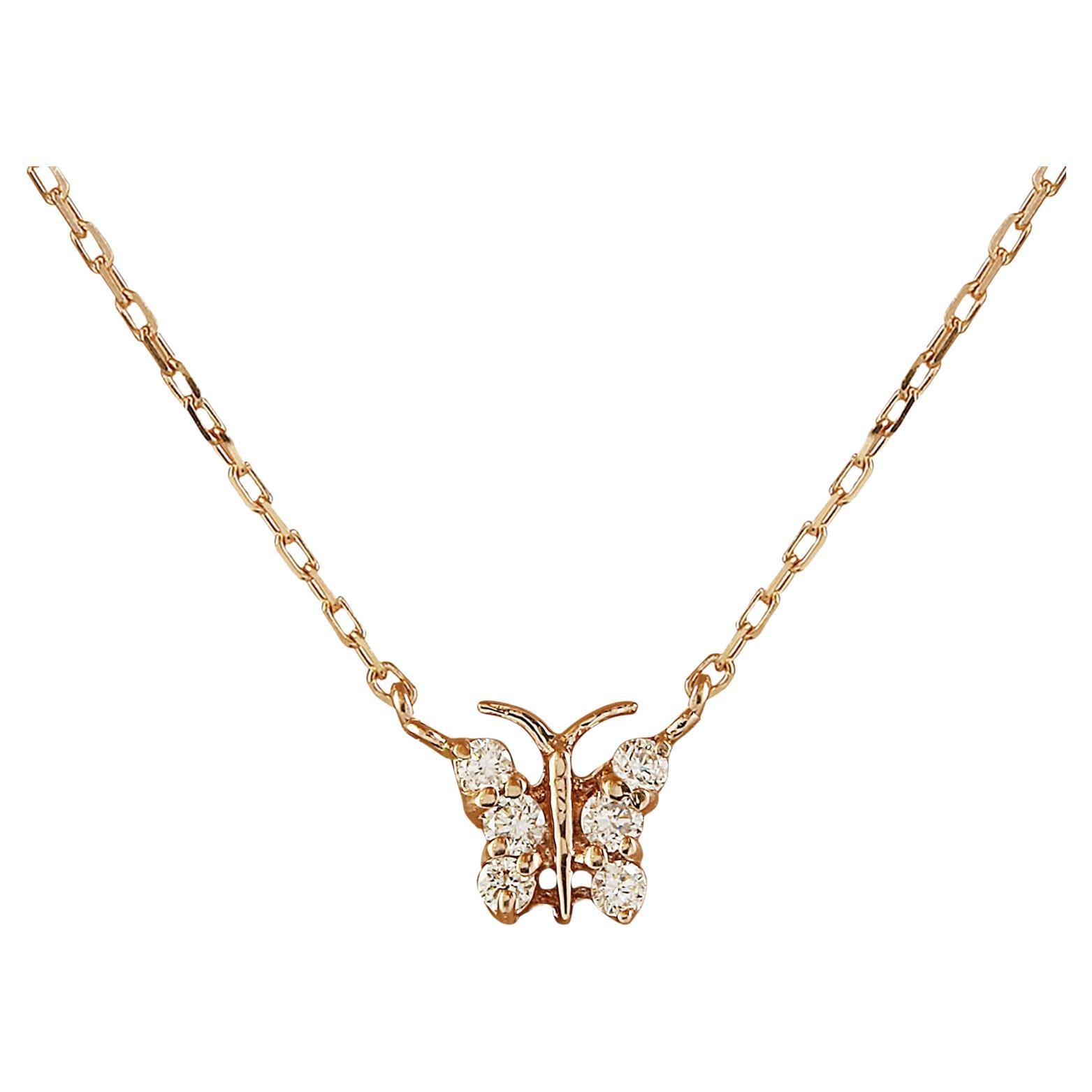 Exquisite Natural Diamond Butterfly Necklace In 14 Karat Rose Gold  For Sale