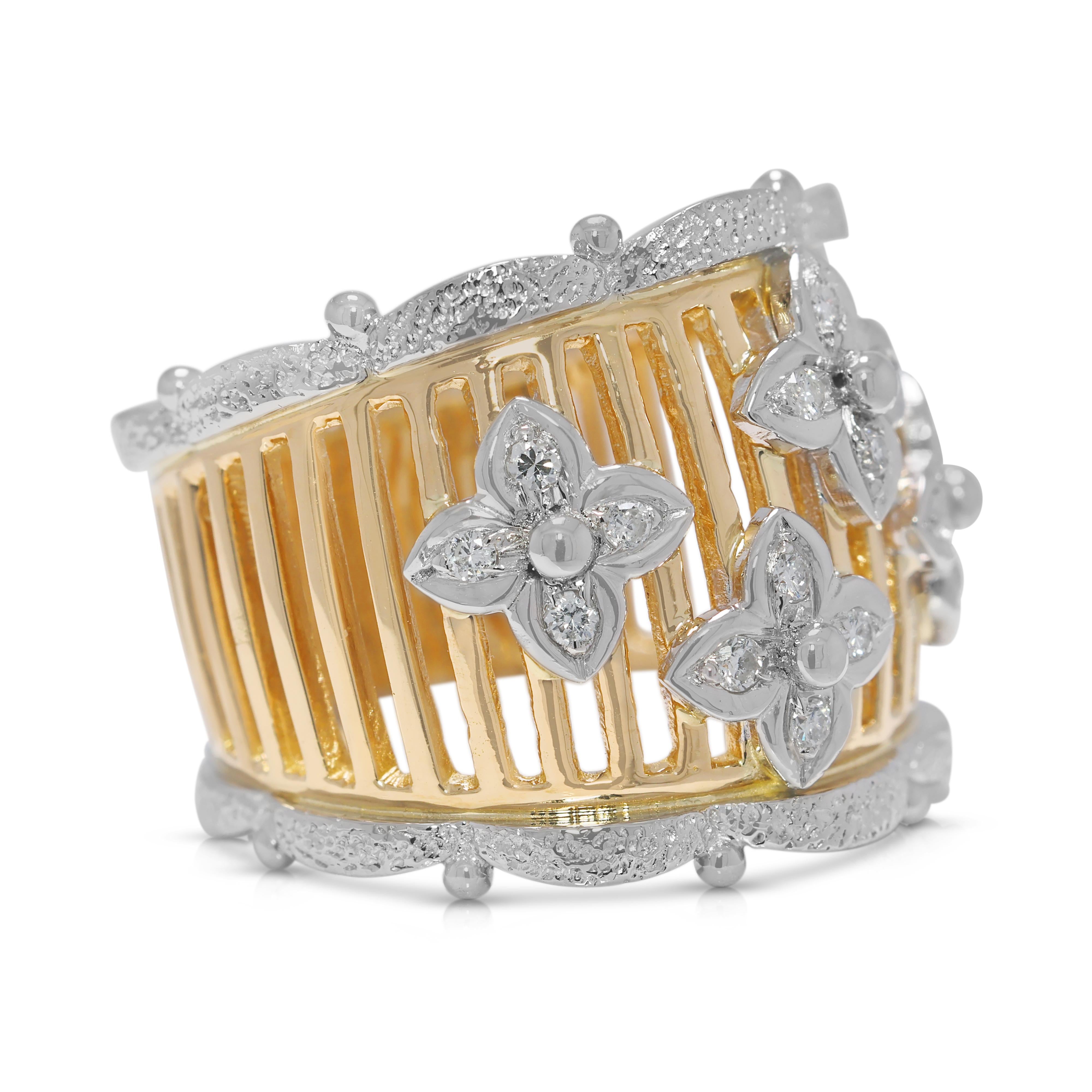 Exquisiter floraler Ring mit Naturdiamanten aus zweifarbigem 18-karätigem Gold (Rundschliff) im Angebot