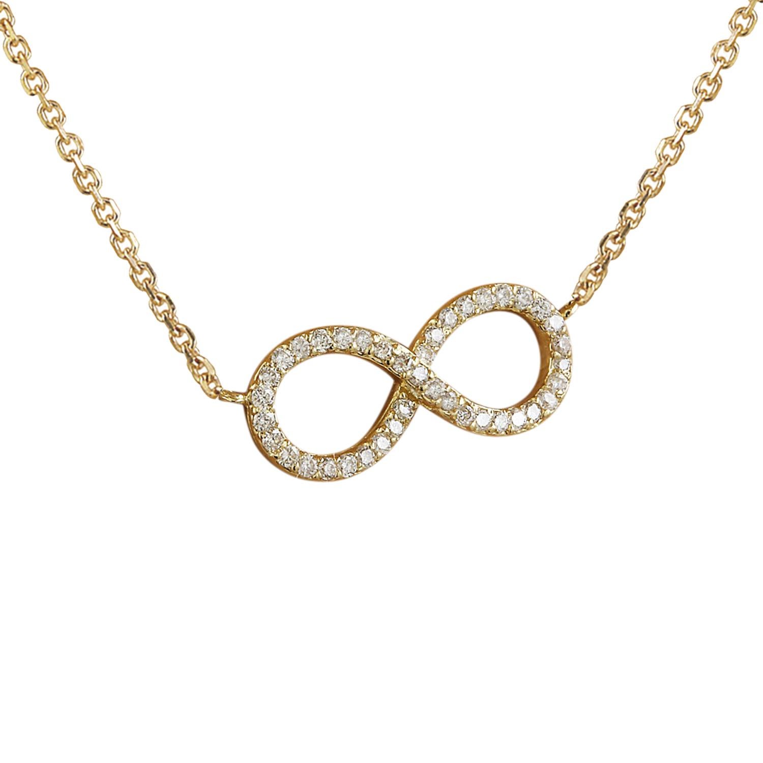 Introducing our stunning 0.30 Carat Natural Diamond Infinity Necklace in 14 Karat Yellow Gold. Stamped with 14K authenticity, this necklace weighs 2.7 grams and measures 16 inches in length. Adorning the infinity symbol are 40 natural diamonds,