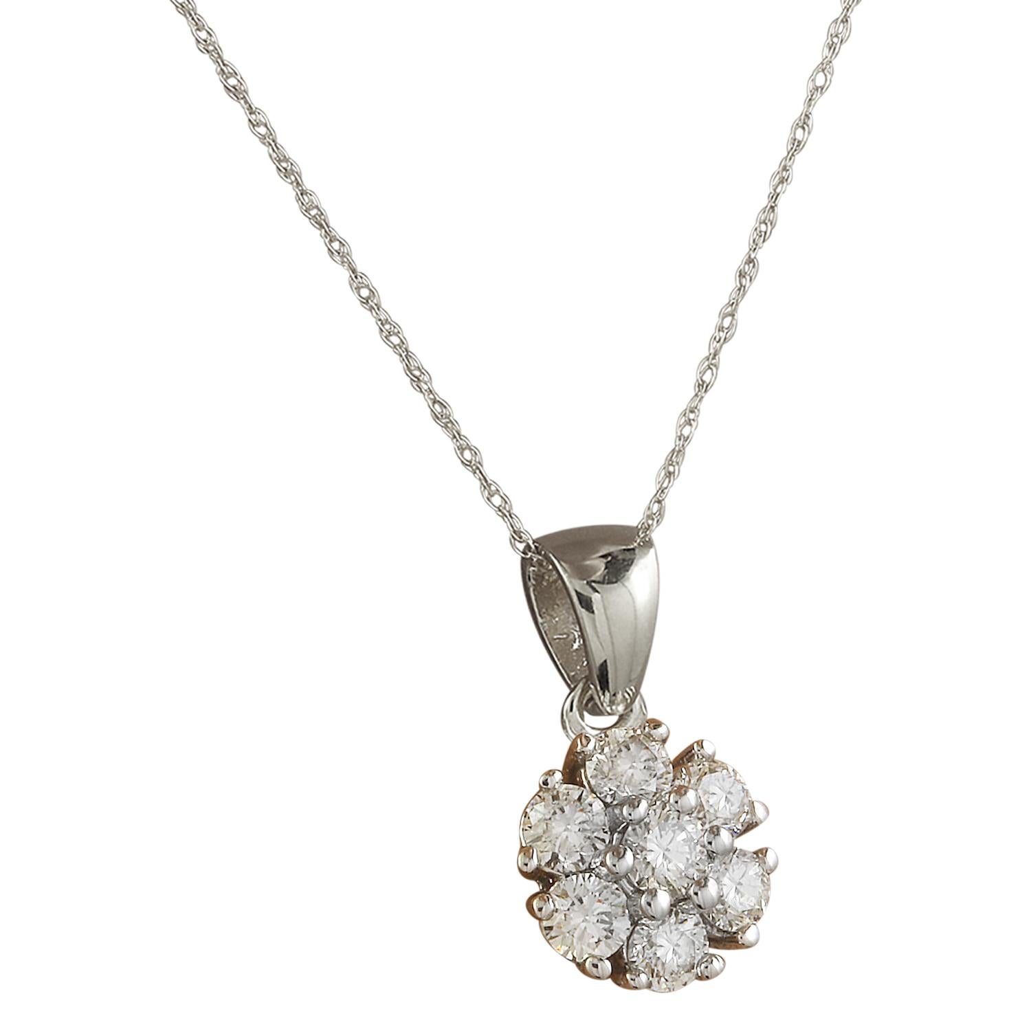 Introducing our elegant 0.70 Carat Natural Diamond Necklace in 14 Karat White Gold. Crafted from stamped 14K white gold, this necklace boasts a total weight of 1.4 grams, ensuring both quality and comfort. Adorning the neckline, the necklace