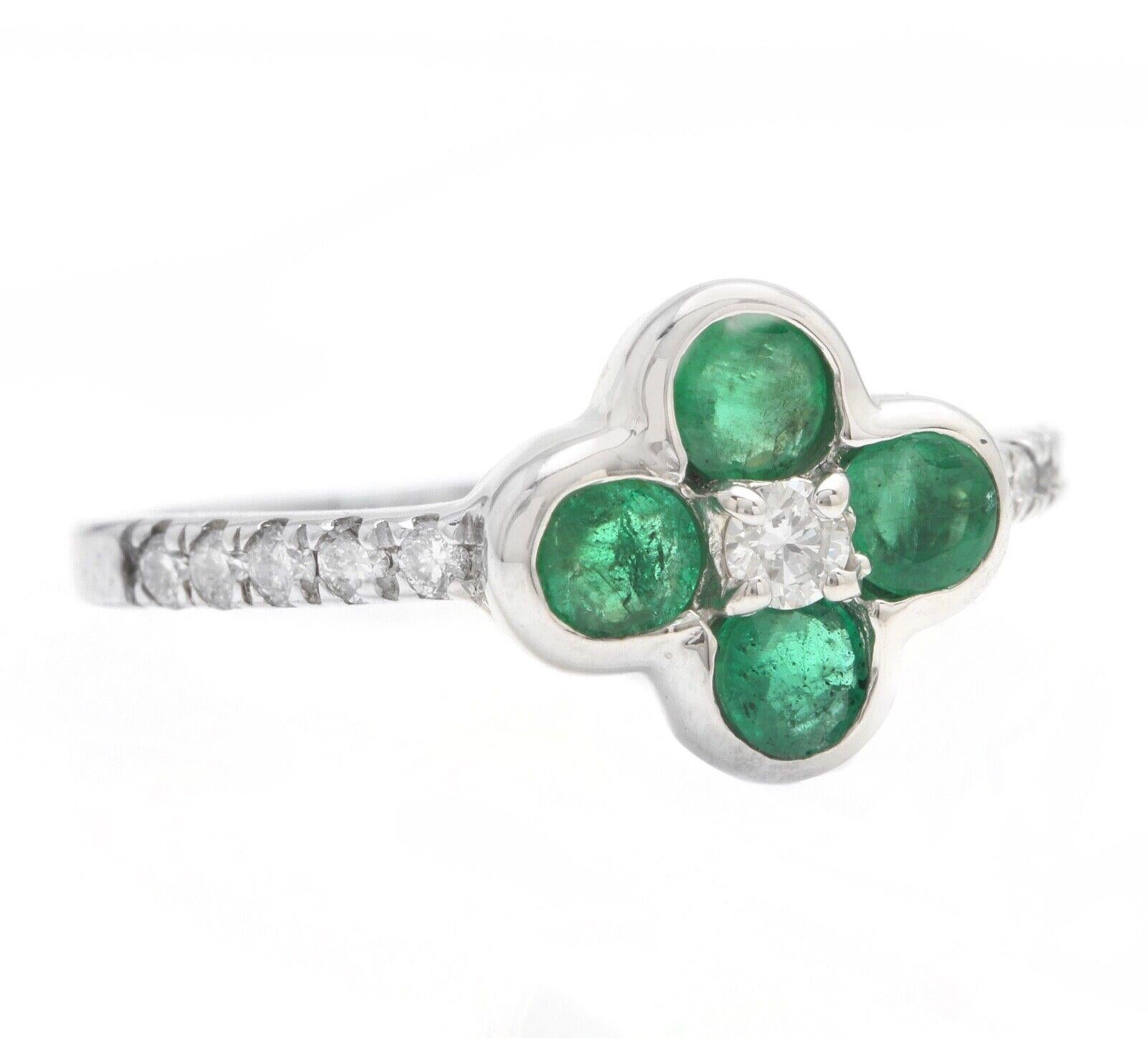 Exquisite Natural Emerald and Diamond 14K Solid White Gold Ring

Suggested Replacement Value: $5,500.00

Total Natural Green Emerald Weight is: Approx. 0.70 Carats 

Natural Round Diamonds Weight: Approx. 0.20 Carats (color G-H / Clarity SI)

Head