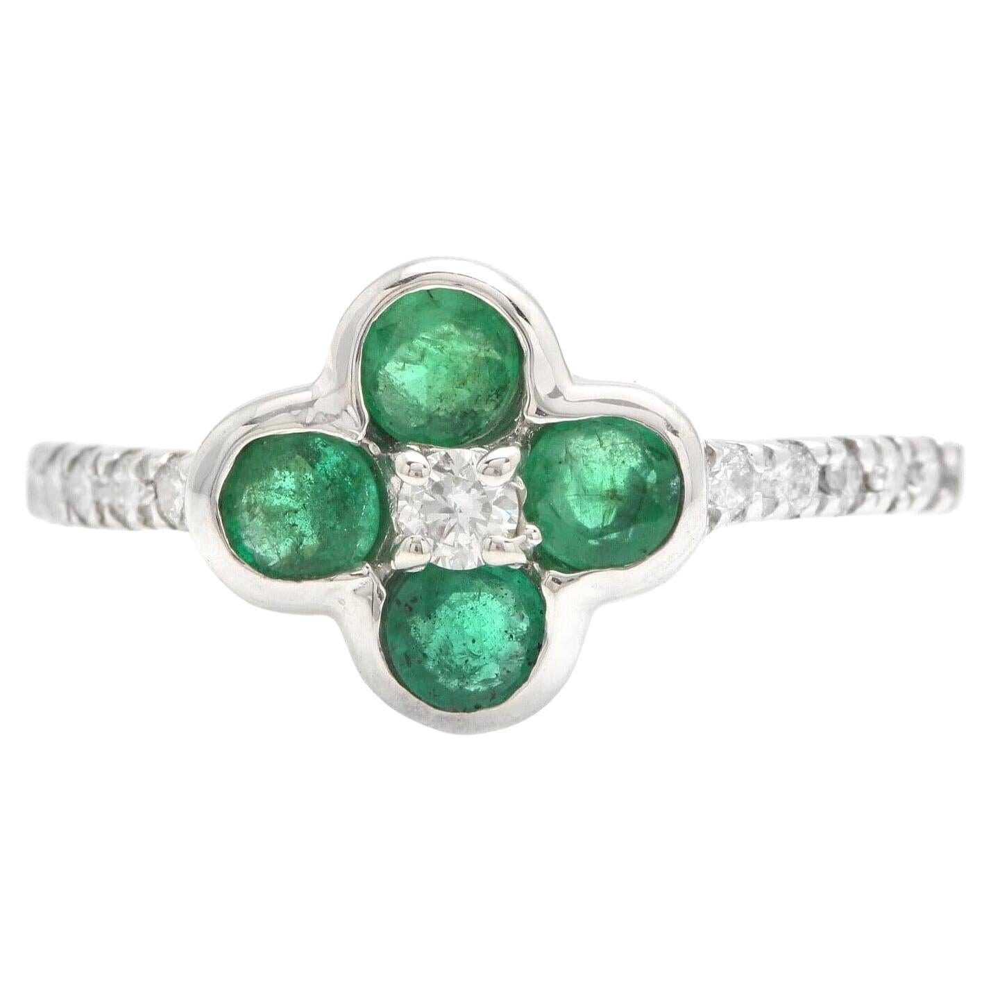Exquisite Natural Emerald and Diamond 14K Solid White Gold Ring For Sale