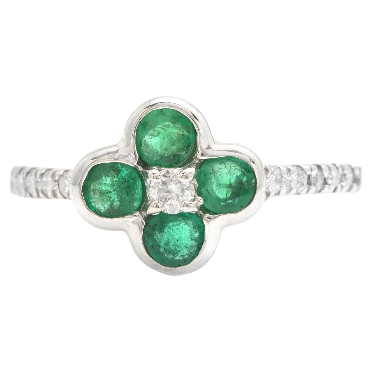 Exquisita Esmeralda Natural y Diamante Anillo de Oro Blanco Macizo de 14K