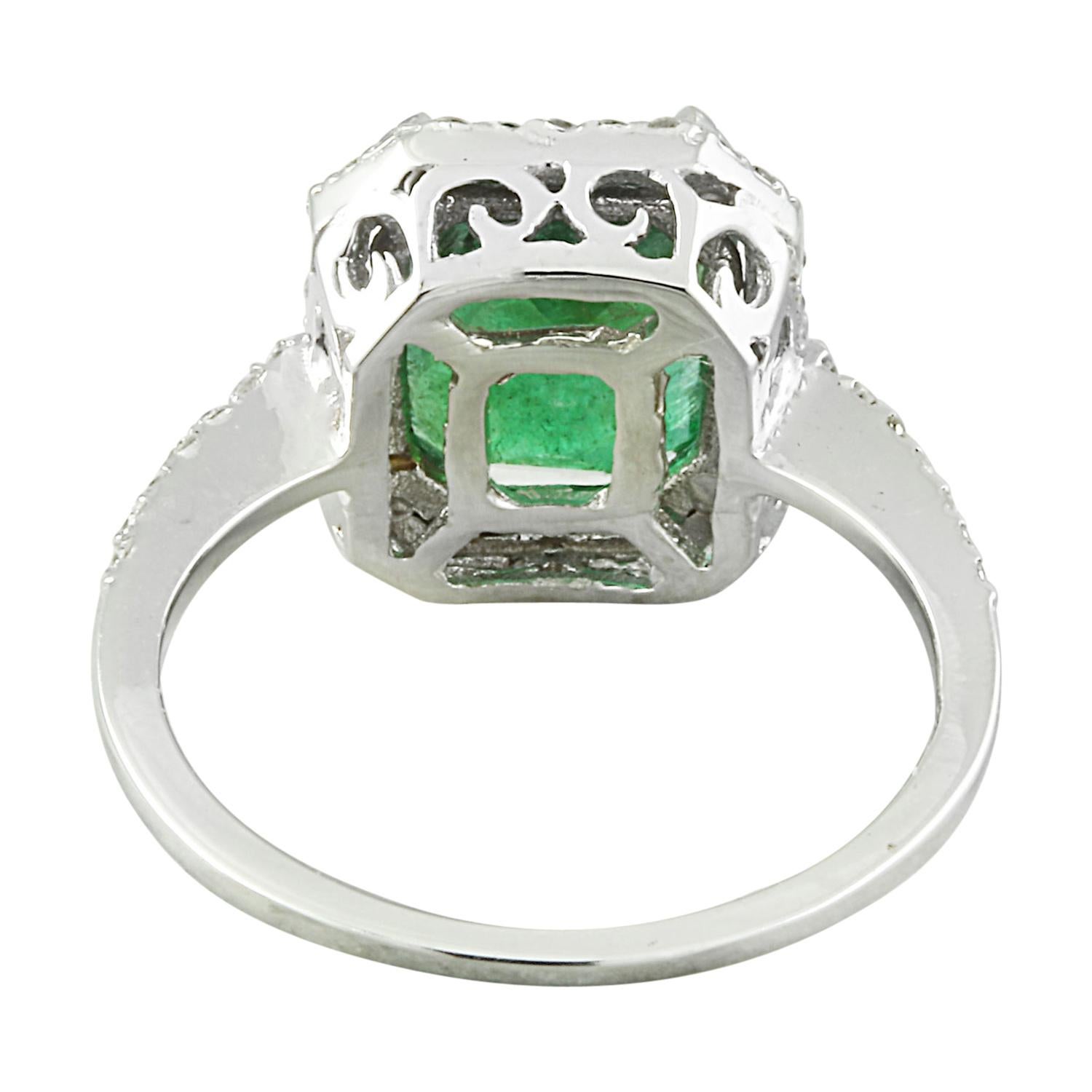 Emerald Cut Exquisite Natural Emerald Diamond Ring In 14 Karat Solid White Gold  For Sale