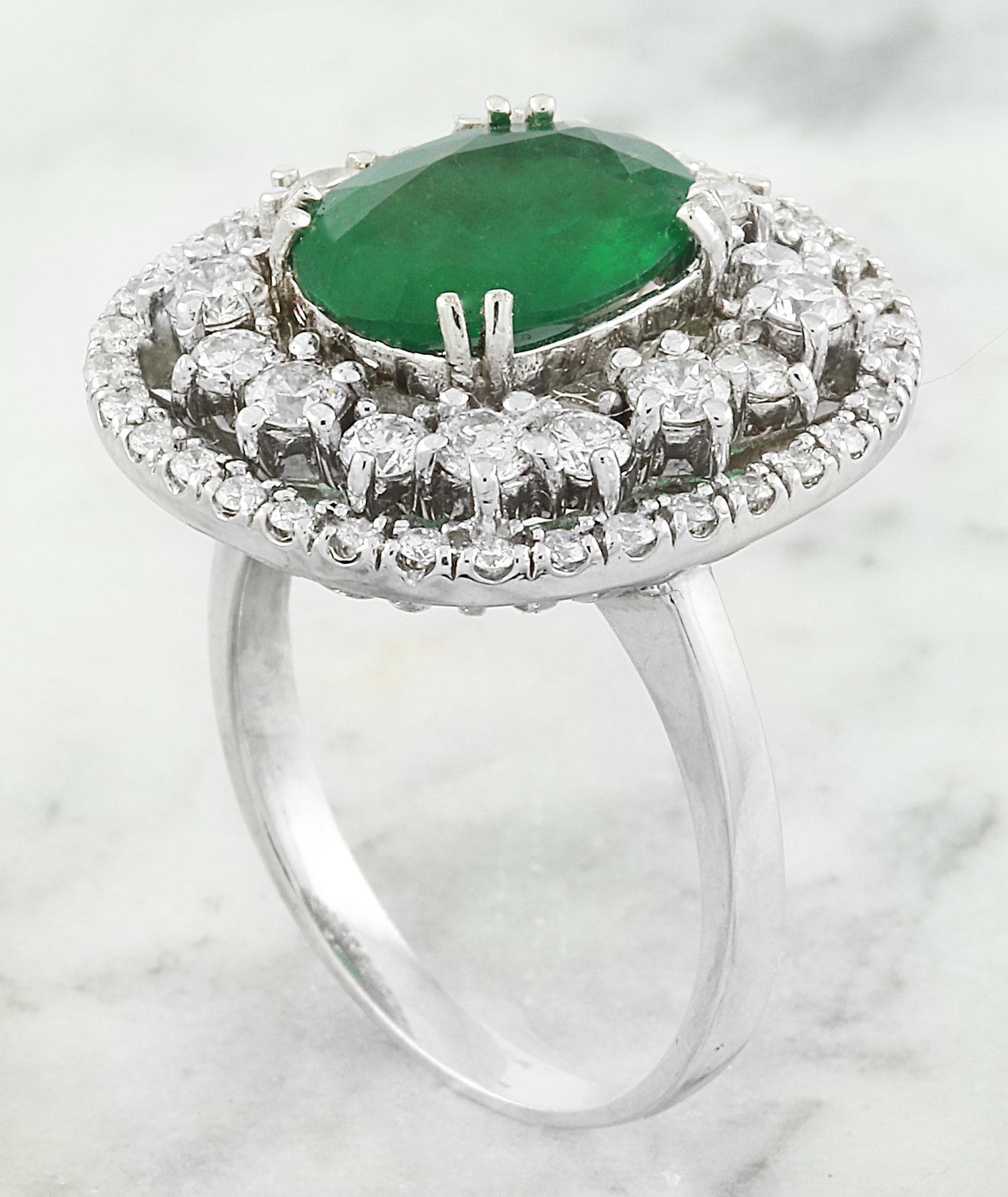 Oval Cut Exquisite Natural Emerald Diamond Ring In 14 Karat Solid White Gold  For Sale
