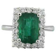 Exquisite Natural Emerald Diamond Ring In 14 Karat Solid White Gold 