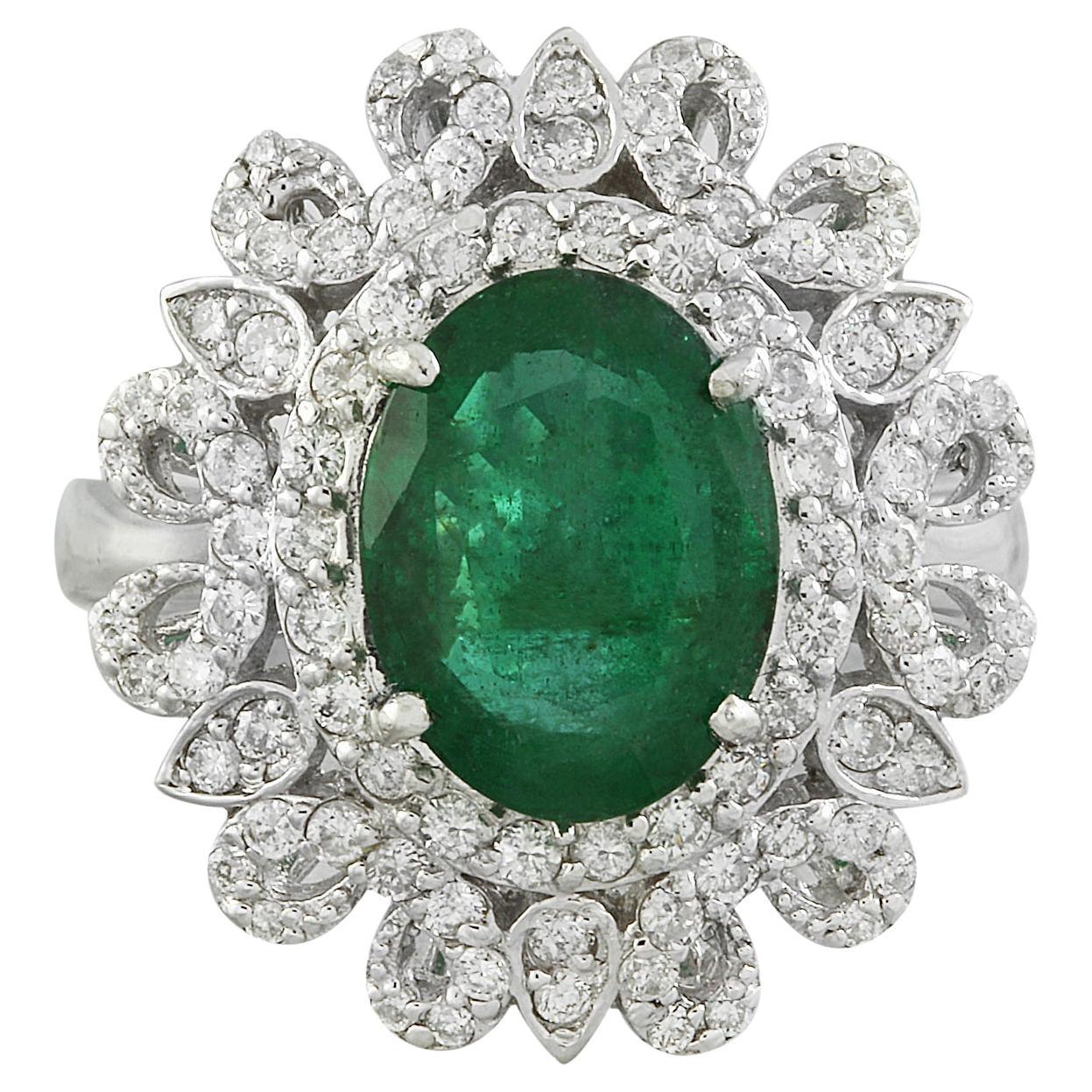 Exquisite Natural Emerald Diamond Ring In 14 Karat Solid White Gold 