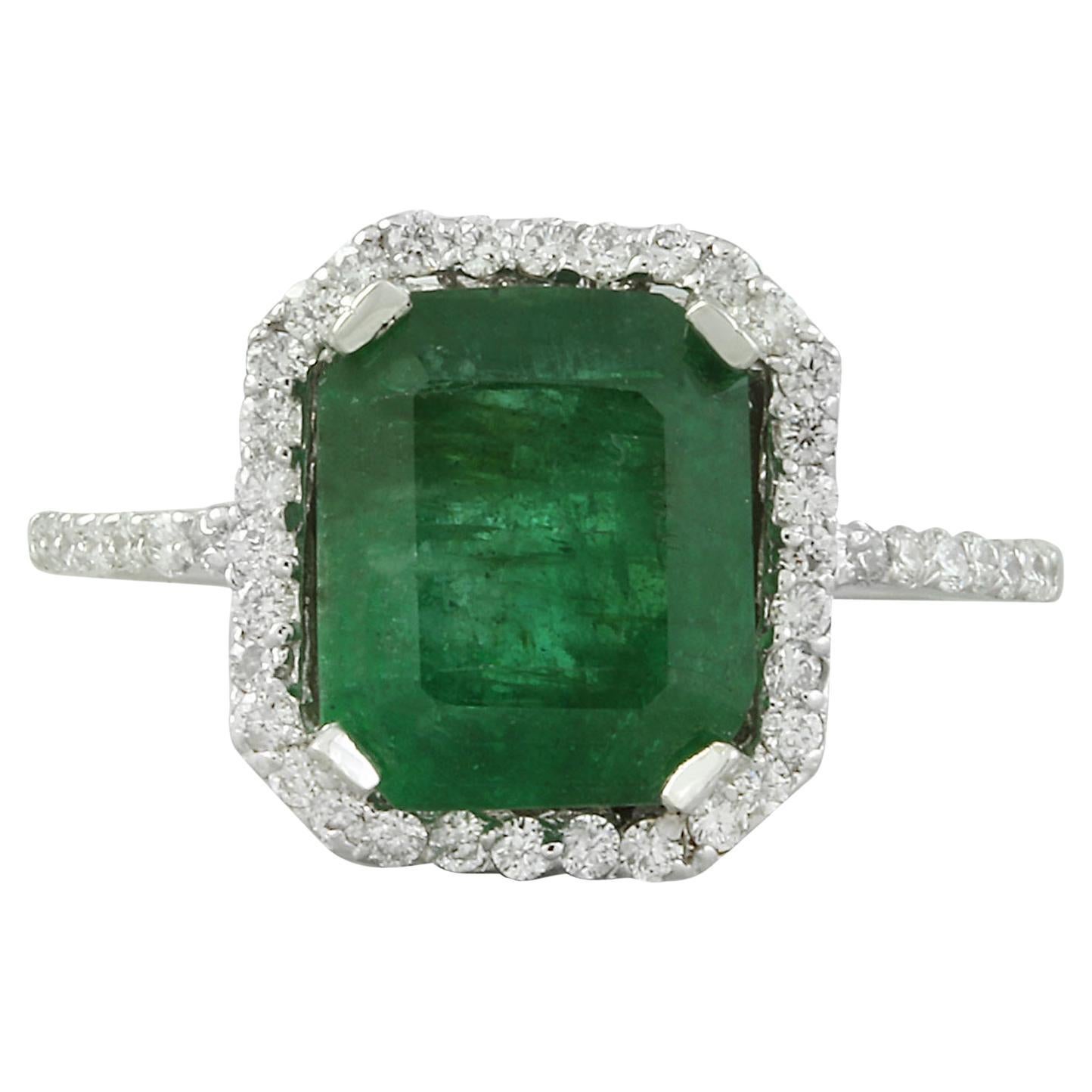 Exquisite Natural Emerald Diamond Ring In 14 Karat Solid White Gold  For Sale