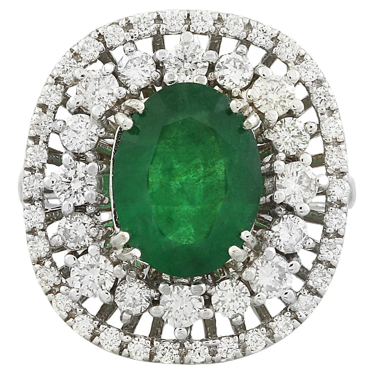 Exquisiter natürlicher Smaragd-Diamantring aus 14 Karat massivem Weißgold 