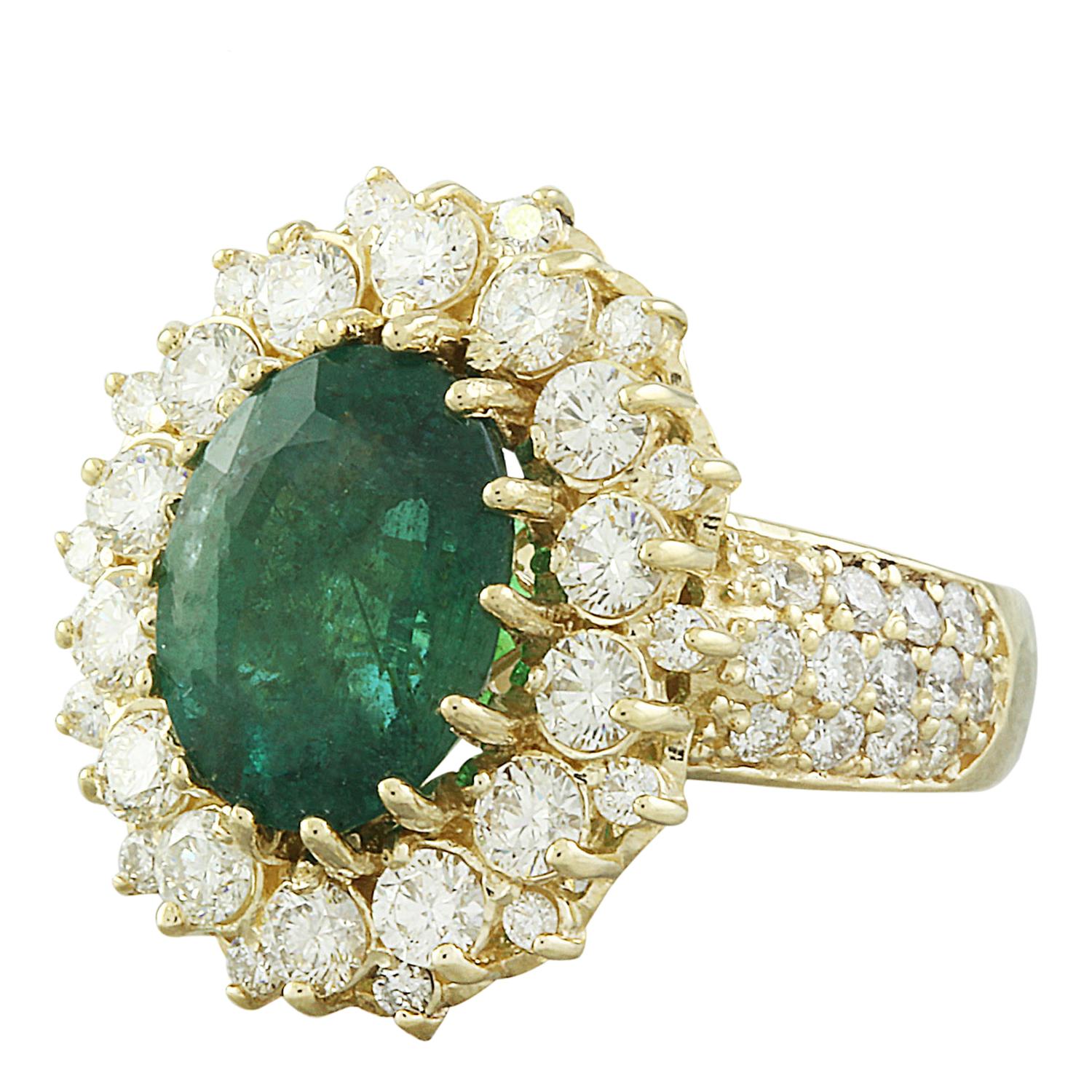 Introducing our exquisite 5.40 Carat Natural Emerald 14K Solid Yellow Gold Diamond Ring, a testament to timeless elegance. This stunning piece bears the authentic 14K stamp and weighs a total of 8.5 grams. At its heart lies a captivating natural