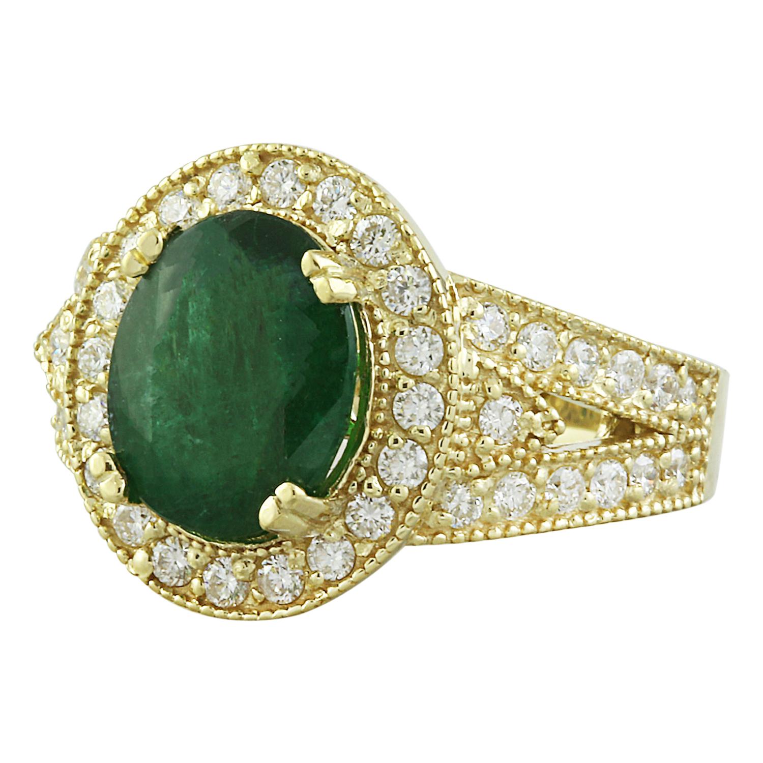Introducing our stunning 3.88 Carat Natural Emerald 14K Solid Yellow Gold Diamond Ring, a true embodiment of elegance and sophistication. Crafted with meticulous attention to detail, this exquisite piece features a genuine 14K stamp, ensuring both