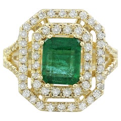 Exquisite Natural Emerald Diamond Ring In 14 Karat Solid Yellow Gold