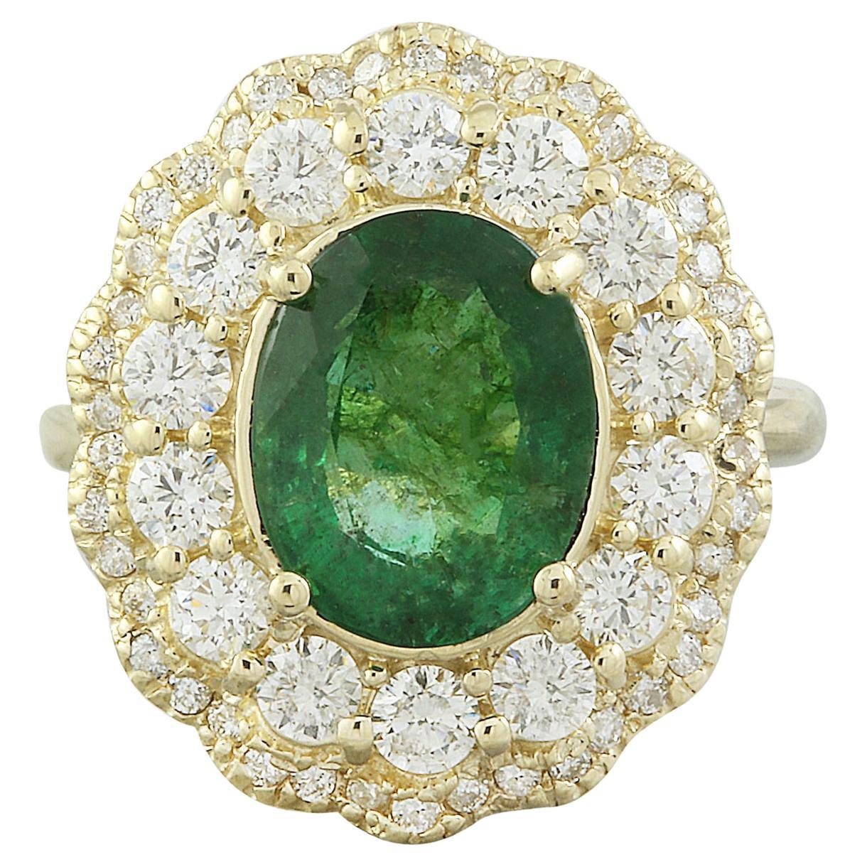 Exquisiter natürlicher Smaragd-Diamantring aus 14 Karat massivem Gelbgold 