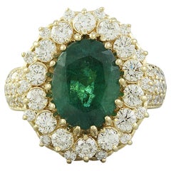 Exquisite Natural Emerald Diamond Ring In 14 Karat Solid Yellow Gold 