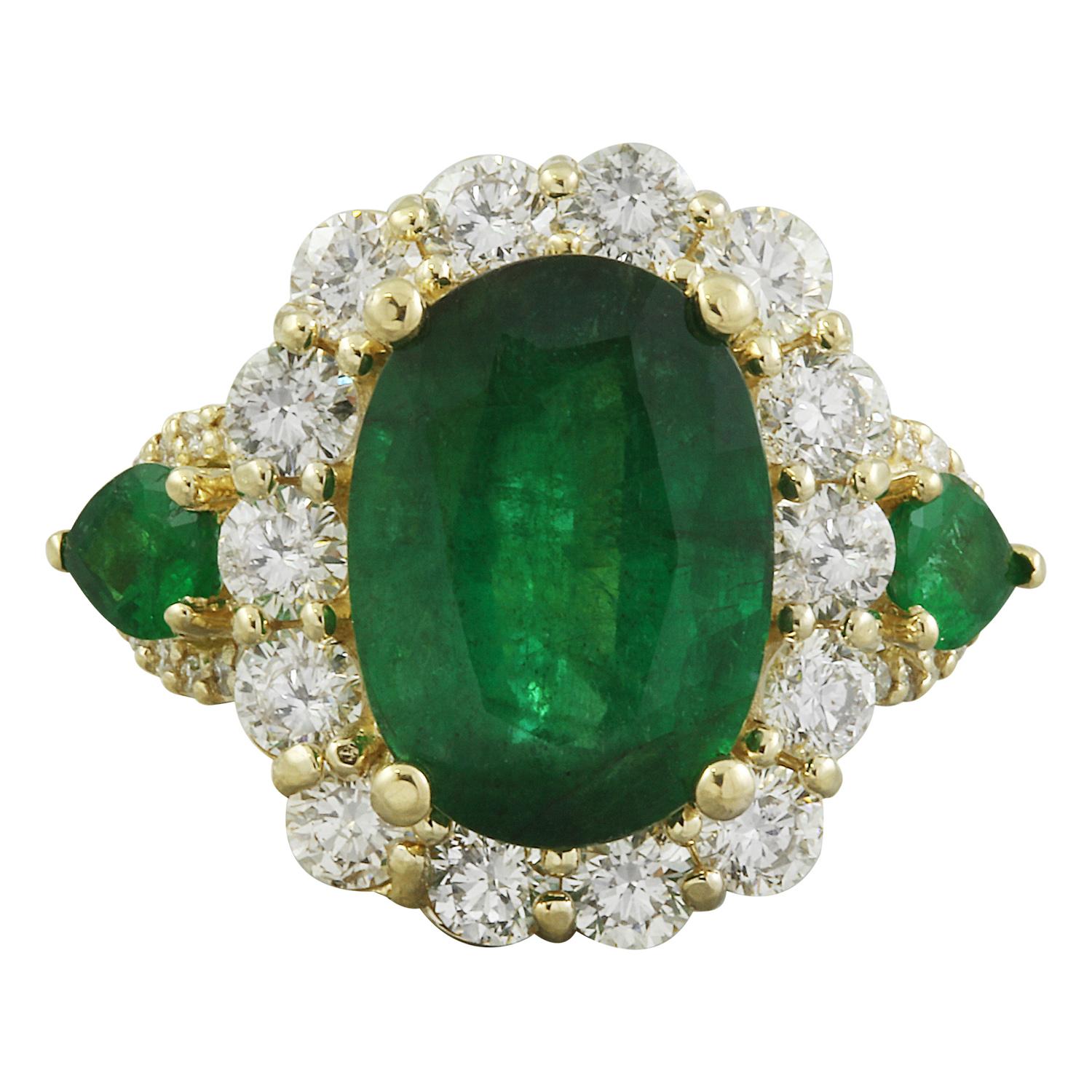 Exquisite Natural Emerald Diamond Ring In 14 Karat Solid Yellow Gold 