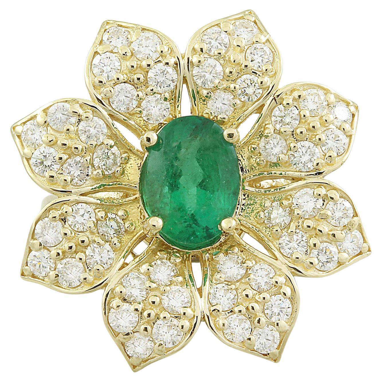 Exquisite Natural Emerald Diamond Ring In 14 Karat Solid Yellow Gold  For Sale