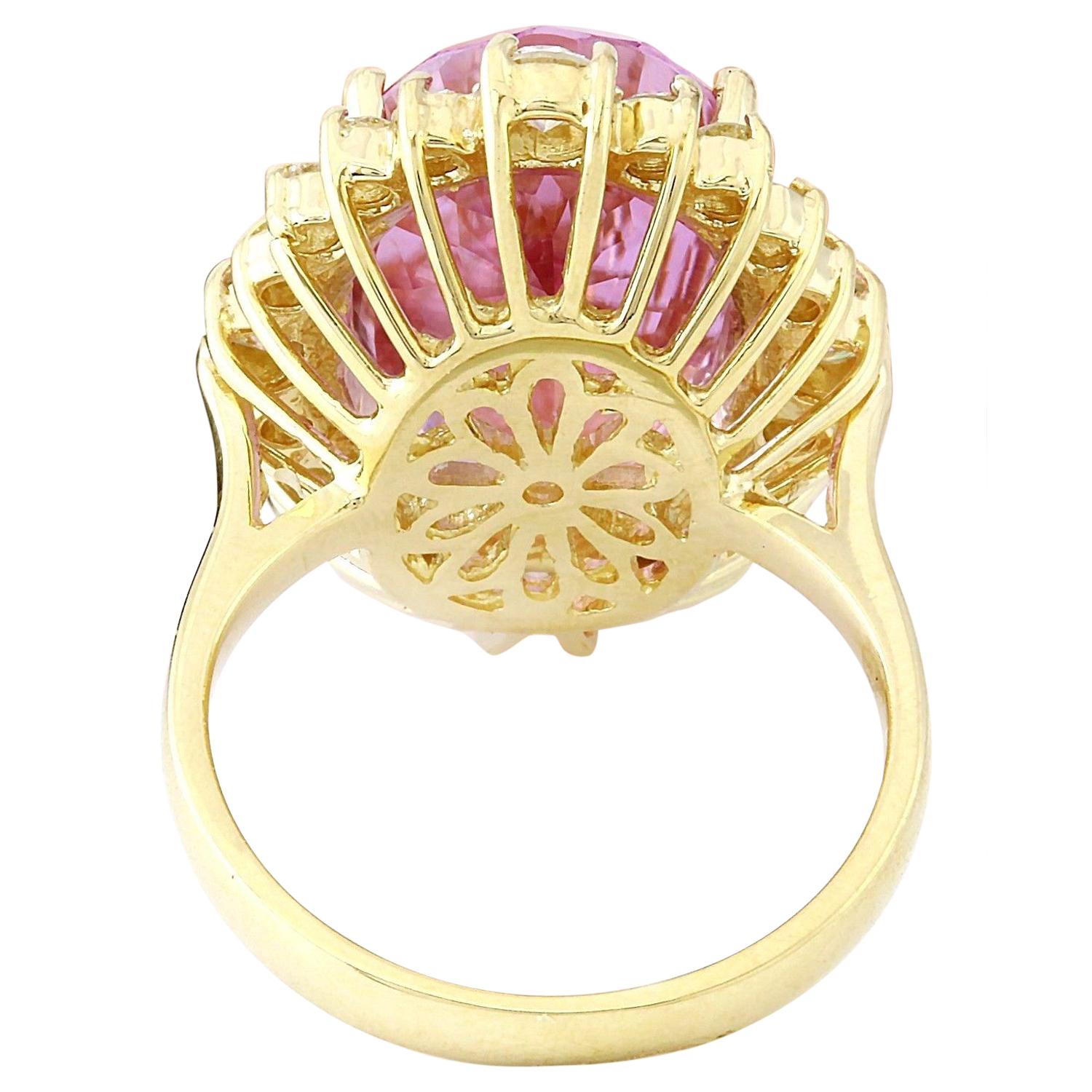 Modern Exquisite Natural Kunzite Diamond Ring In 14 Karat Solid Yellow Gold For Sale