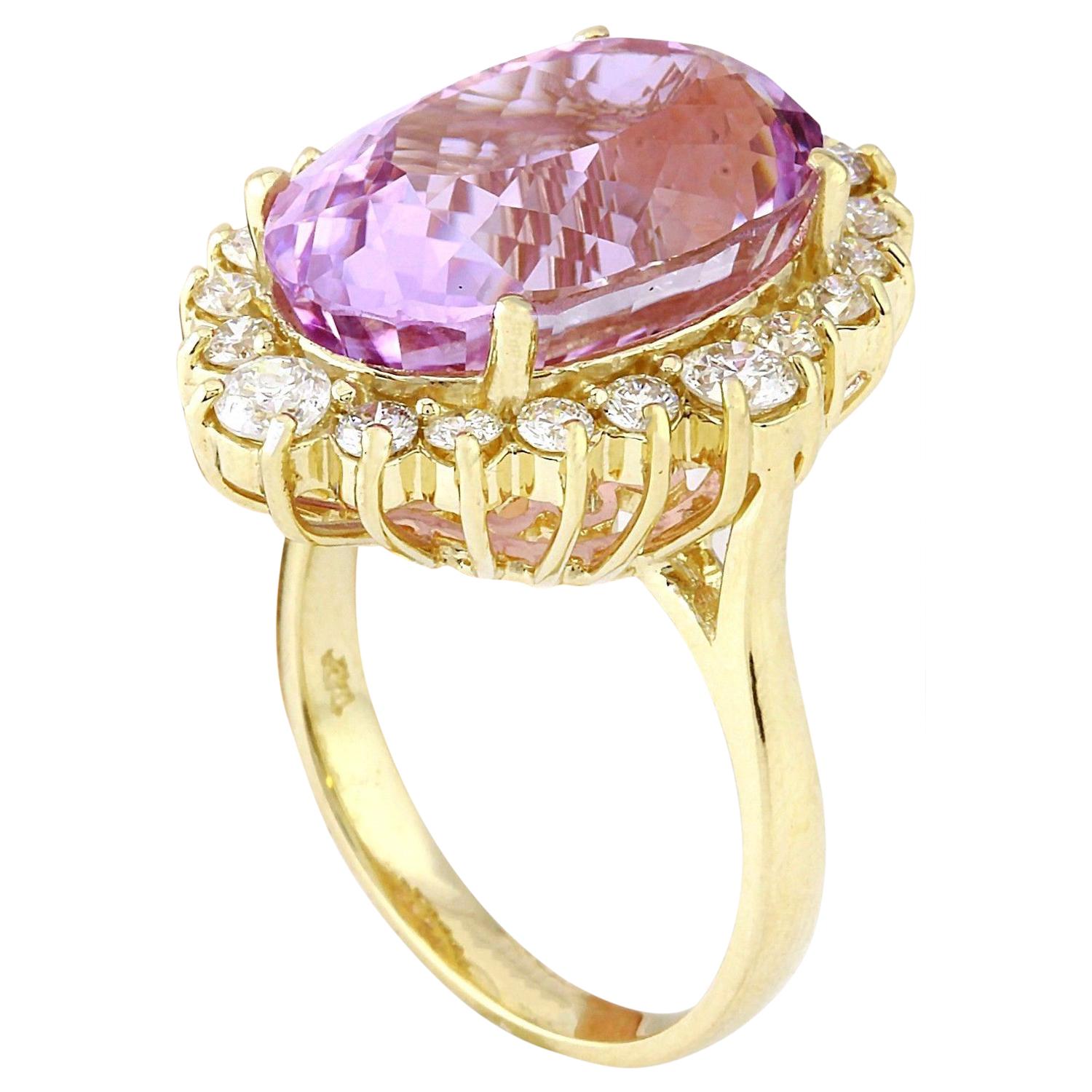Oval Cut Exquisite Natural Kunzite Diamond Ring In 14 Karat Solid Yellow Gold For Sale