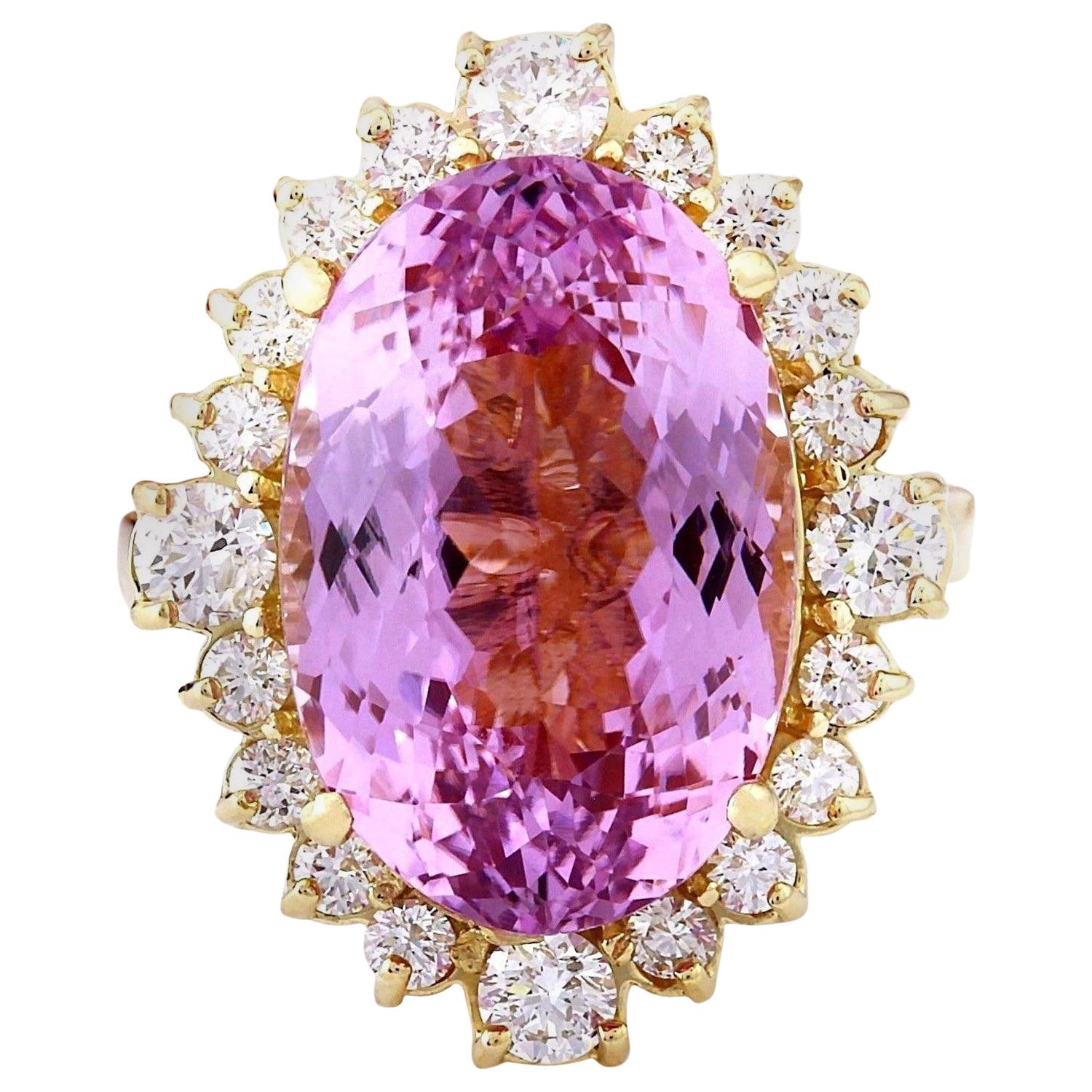 Exquisite Natural Kunzite Diamond Ring In 14 Karat Solid Yellow Gold  For Sale