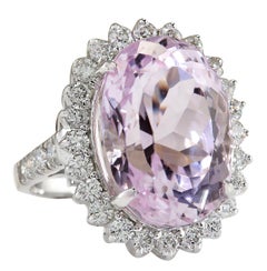 Exquisite Natural Kunzite Diamond Ring In 14 Karat White Gold