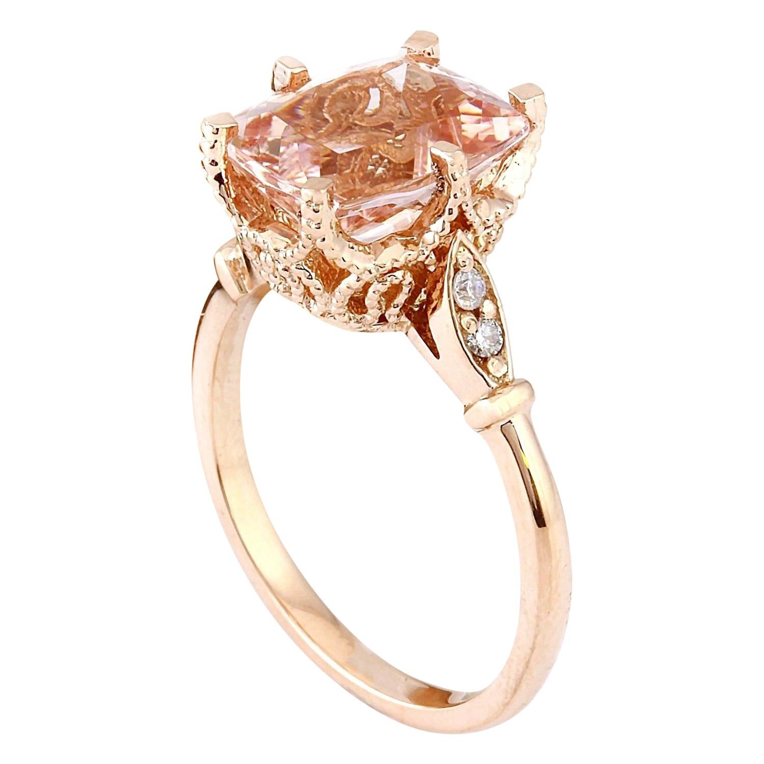 Cushion Cut Exquisite Natural Morganite Diamond Ring In 14 Karat Solid Rose Gold  For Sale