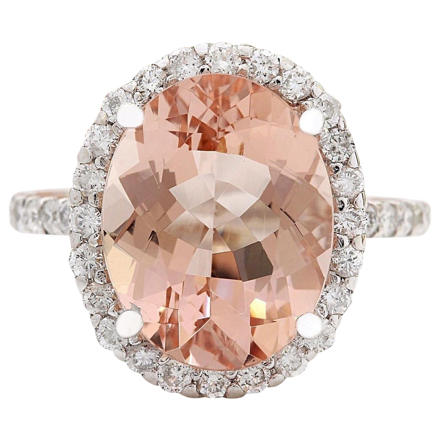 Exquisite Natural Morganite Diamond Ring In 14 Karat Solid White Gold  For Sale