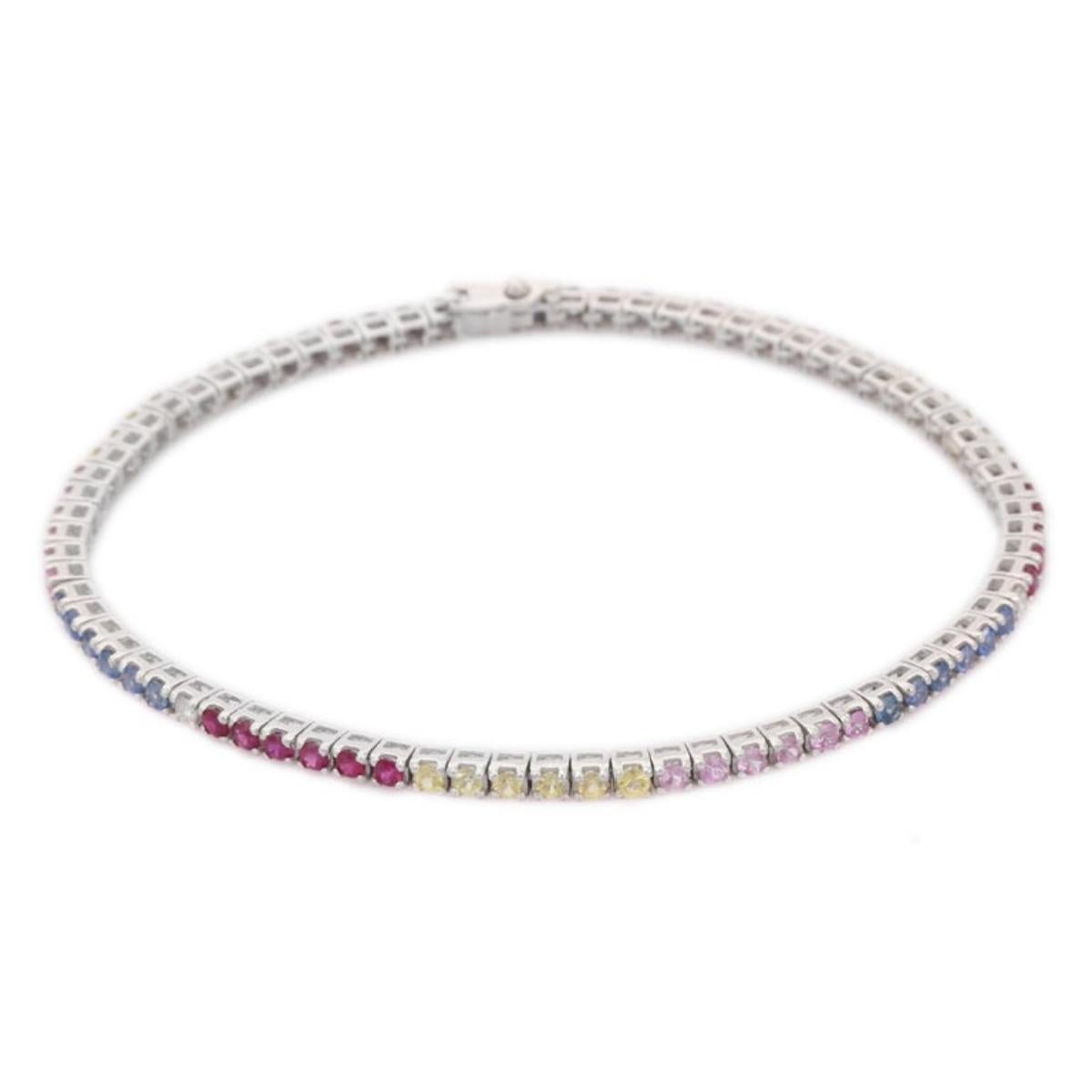 Art Nouveau Exquisite Natural Multi Sapphire Thin Tennis Bracelet in 18k White Gold Jewelry For Sale