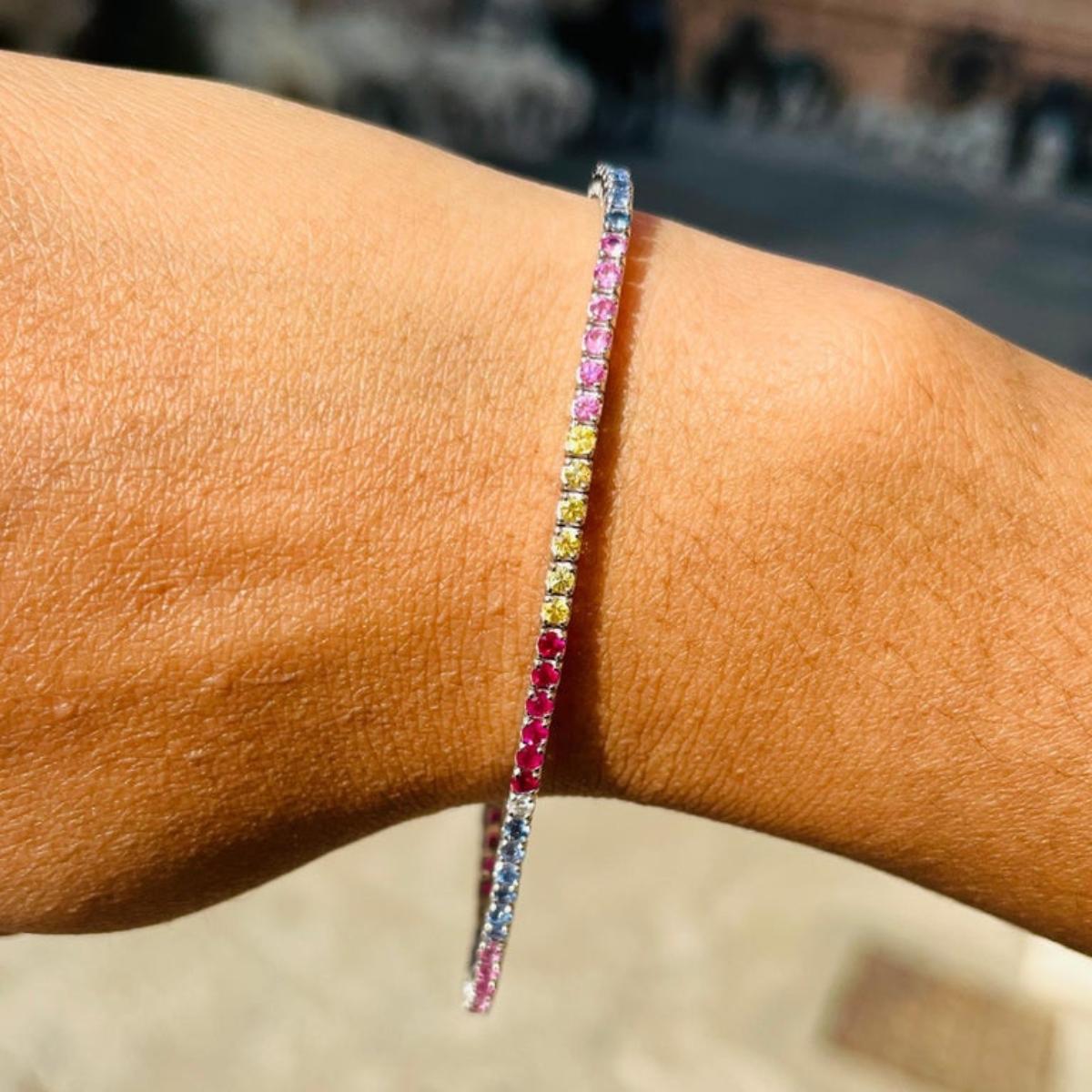 Round Cut Exquisite Natural Multi Sapphire Thin Tennis Bracelet in 18k White Gold Jewelry For Sale
