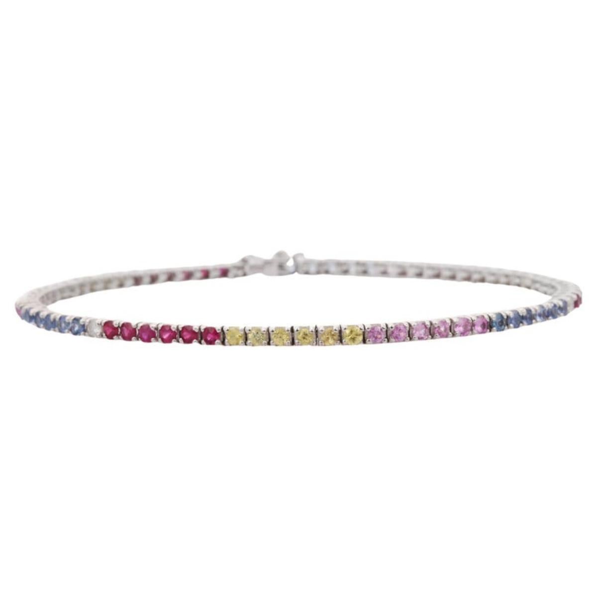 Exquisite Natural Multi Sapphire Thin Tennis Bracelet in 18k White Gold Jewelry In New Condition For Sale In New York, NY