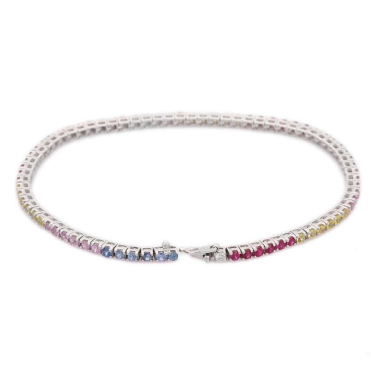 Exquisite Natural Multi Sapphire Thin Tennis Bracelet in 18k White Gold Jewelry For Sale 1