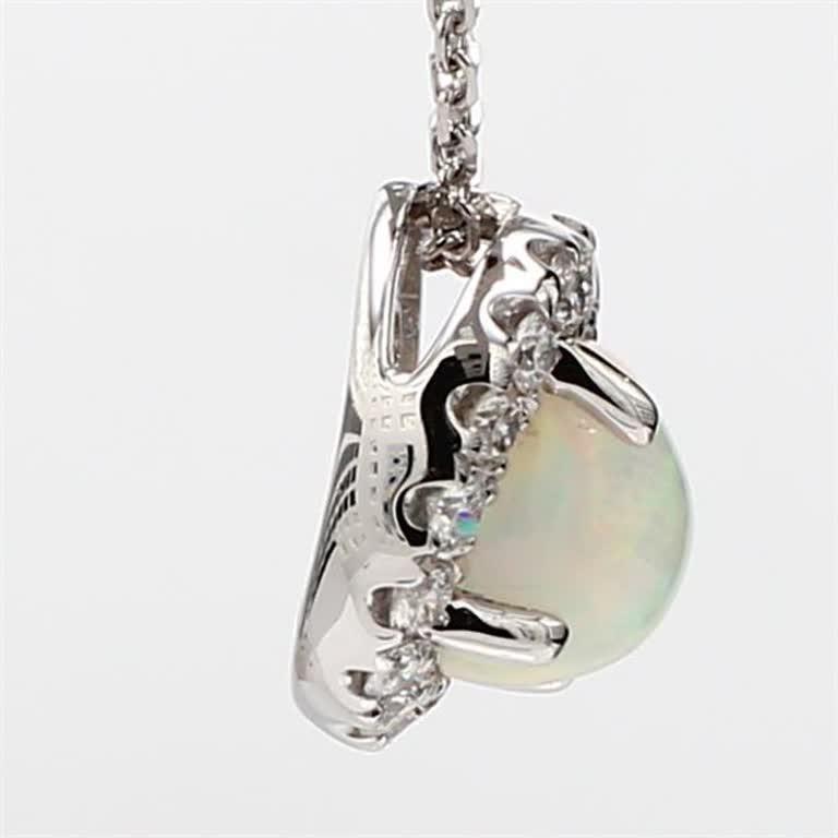 Round Cut Natural .91 Carat Round Opal and White Diamond White Gold Drop Pendant