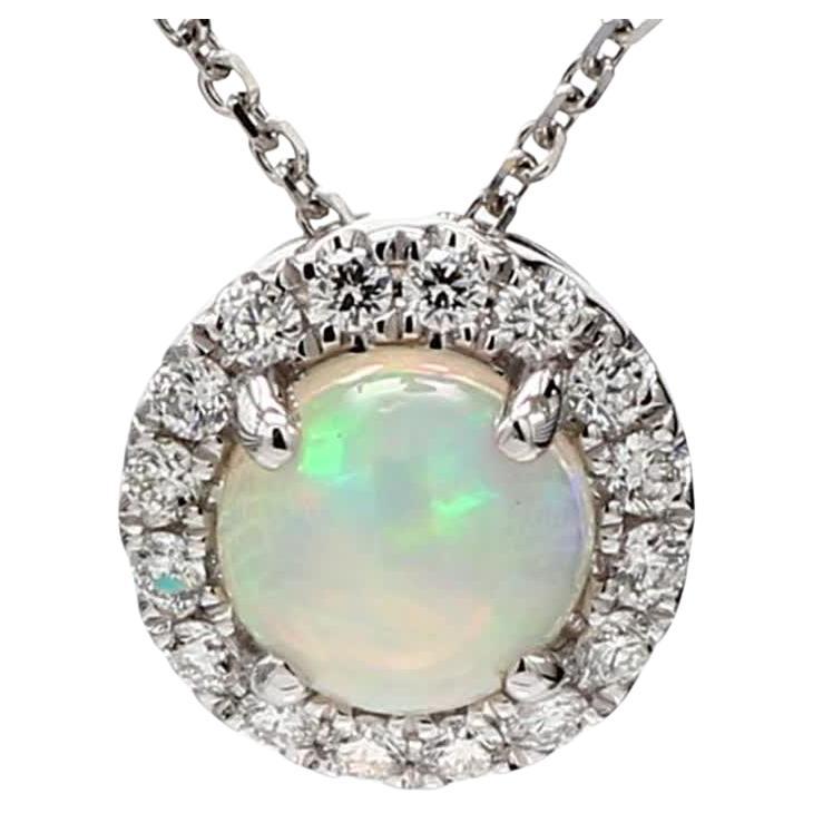 Natural .91 Carat Round Opal and White Diamond White Gold Drop Pendant