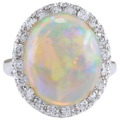Bague exquise en or blanc 14 carats avec opale naturelle et diamant 