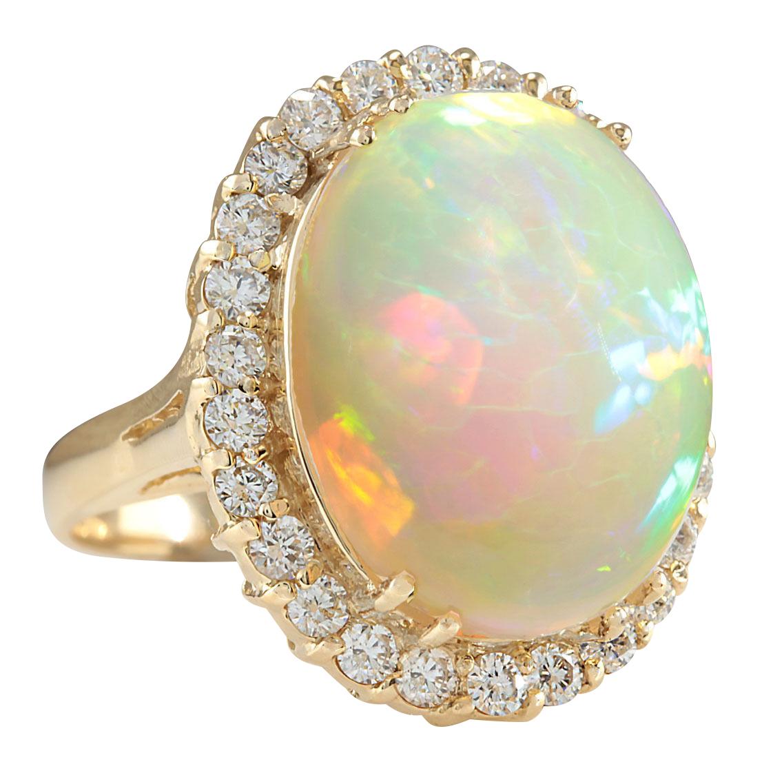 Introducing our magnificent 15.88 Carat Opal 14 Karat Yellow Gold Diamond Ring, a stunning fusion of opulence and elegance. Crafted from authentic 14K Yellow Gold and stamped for assurance, this ring carries a total weight of 8.5 grams, ensuring