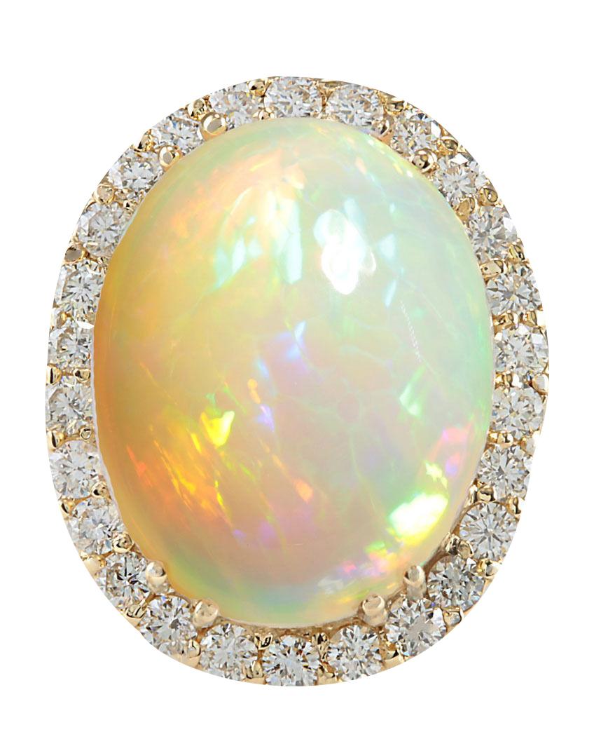 Oval Cut Exquisite Natural Opal Diamond Ring In 14 Karat Yellow Gold 