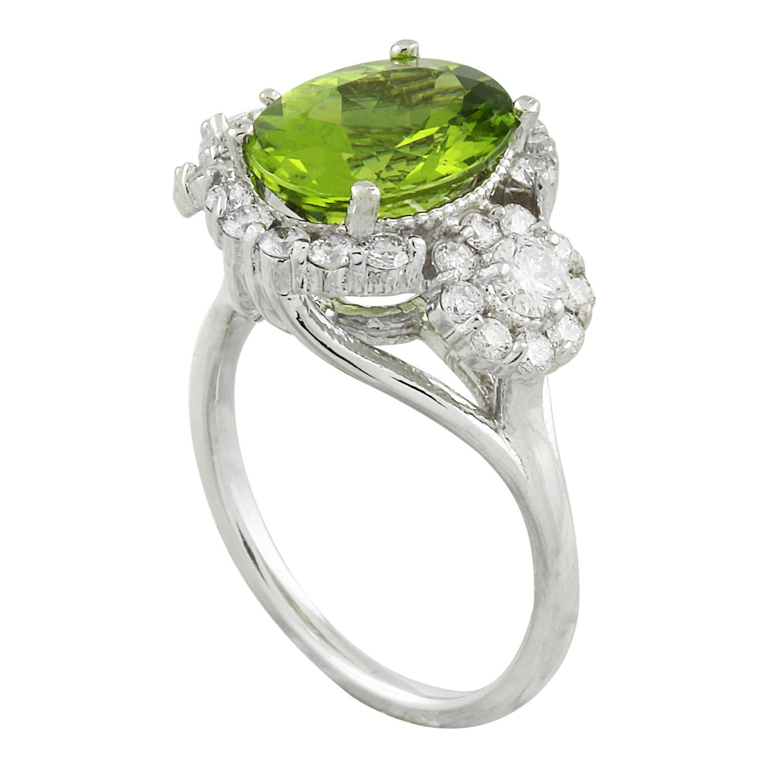 Modern Exquisite Natural Peridot Diamond Ring In 14 Karat Solid White Gold  For Sale