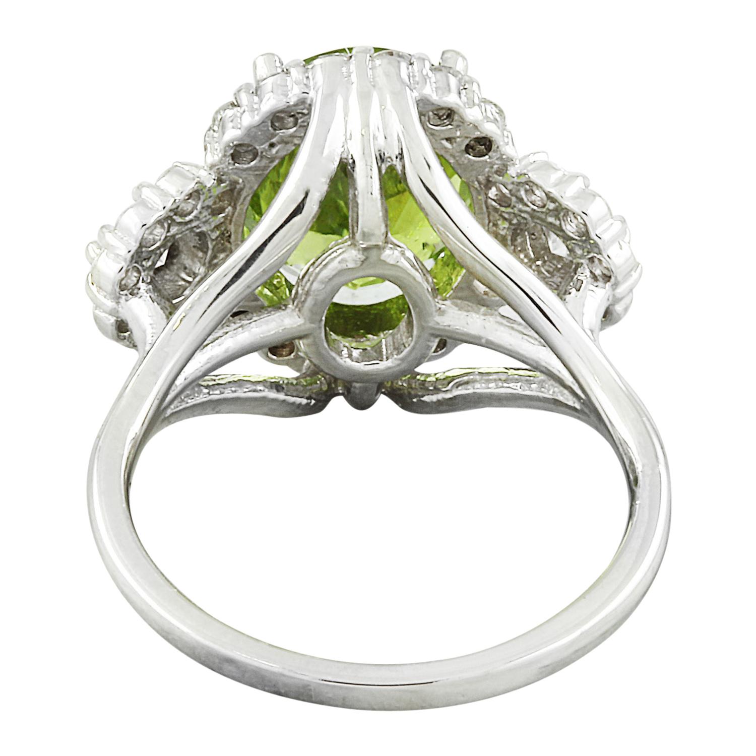 Oval Cut Exquisite Natural Peridot Diamond Ring In 14 Karat Solid White Gold  For Sale