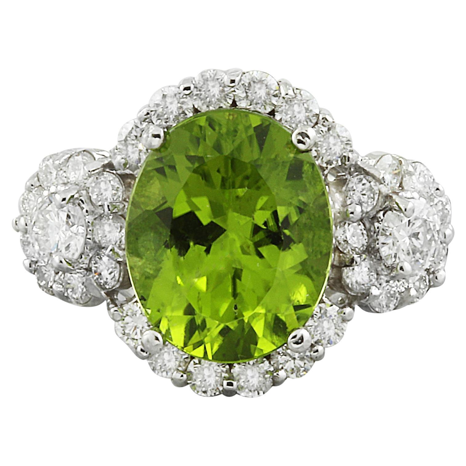 Exquisite Natural Peridot Diamond Ring In 14 Karat Solid White Gold  For Sale